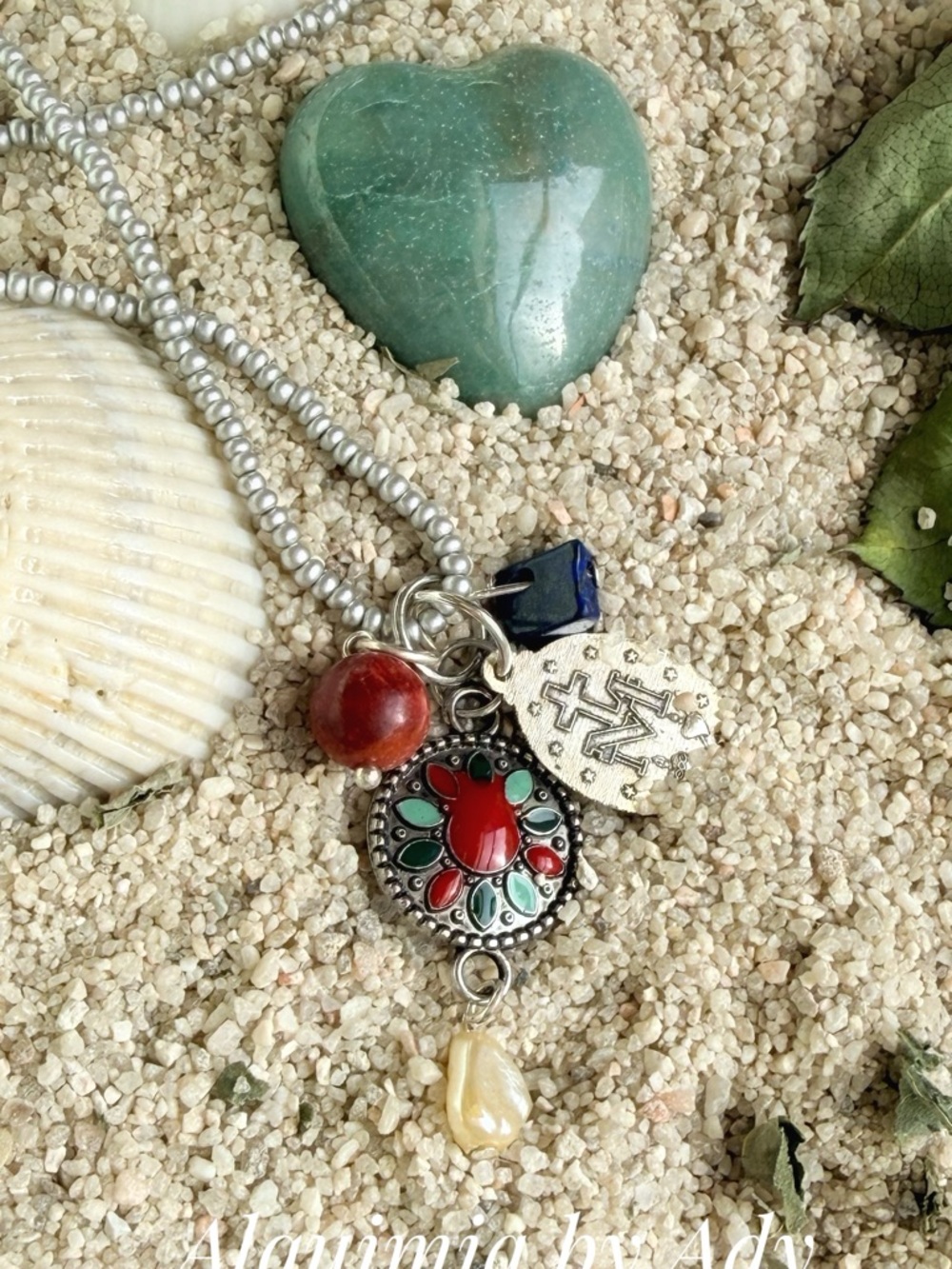 BAROQUE PEARL LAPIS AND CORAL Multicolor Pendant Necklace — Red & Green Accents